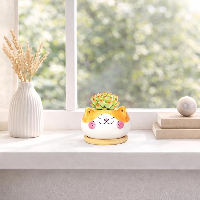Cute Cat Animal Ceramics Planter Succulent Pot with Drainage, Plant Pot for Indoor Mini Plants Flower Cactus, Home and Garden Decor Fun Gifts