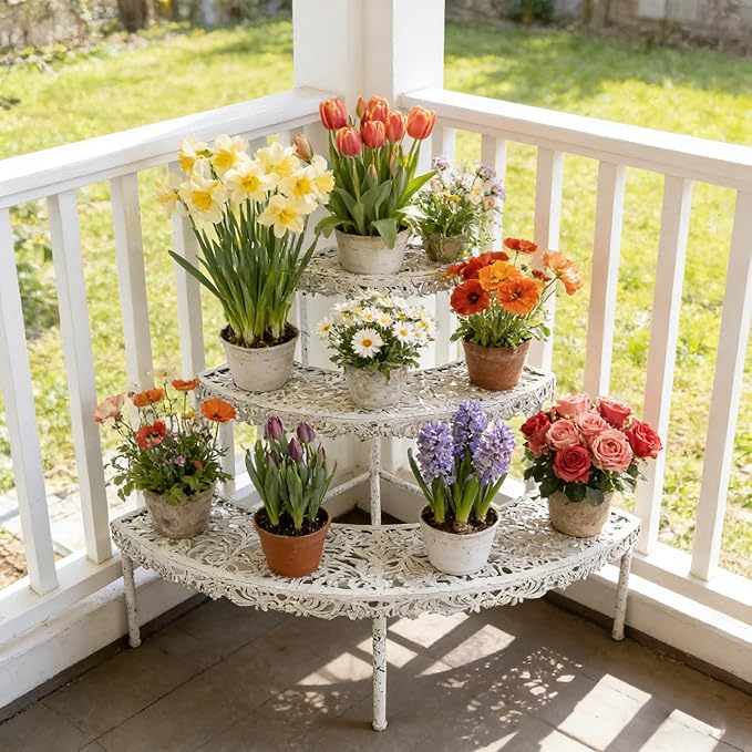 3-Tier Vintage Corner Plant Stand for Indoor Outdoor Distressed Metal Flower Pot Holder Shelves with Ornate Cutout Edges Multi-Level Planter Rack Display Corner Shelf Antique Tall Plant Shelf for Patio Porch Garden Balcony Living Room (White)