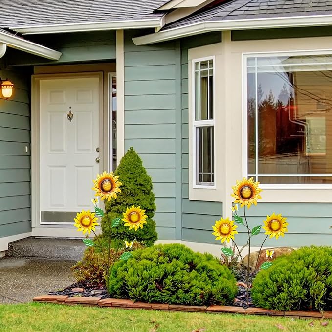 30" Metal Flowers for Outside Garden Stakes Decorative - 3-Head Sunflower Metal Yard Art Outdoor and Garden Decor, Spring Lawn Ornaments for Porch Backyard Patio, Rustproof Garden Gifts