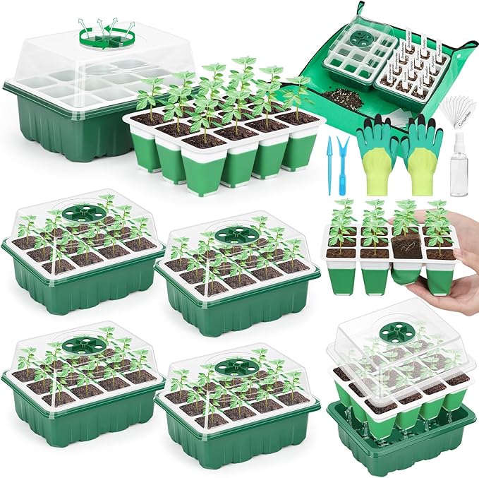 Reusable Silicone Seed Starter Tray, 60 Cells Seed Starter Kit with Humidity Adjustable Dome and Lid, Plant Germination Trays with Repotting Mat 5 Packs Germination Kit for Seeds Grow Starting