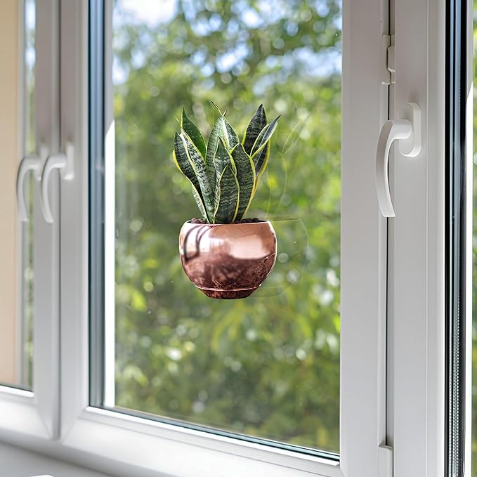 Magnetic Plant Pot - Unique Window Planter for Succulents, Indoor & Outdoor Greenery - Self-Adhesive Magnet Attachment, Drainage Holes, Detachable Reservoir - Rose Gold