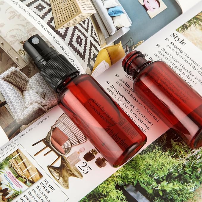 60PCS 1 oz Amber Spray Bottles Mini Spray Bottle Small Spray Bottle Plastic for Essential Oils, with Funnel & Stickers Refillable for Travel Cleaning Beauty