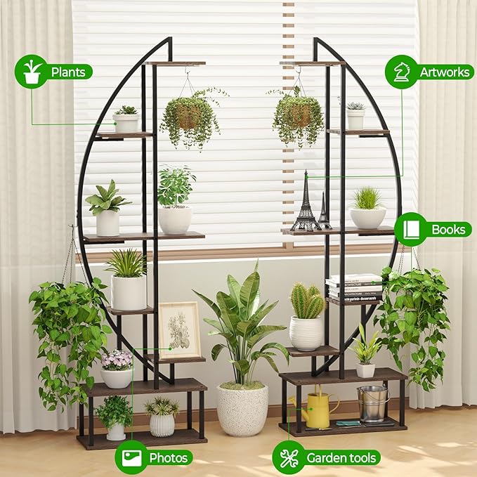 Plant Stand Shelf Indoor with 6 Grow Light, 7 Tiered 65" Tall Black Large Half Moon Lighted Plant Rack Holder, 2 Pack Big High Circular Arch Multi Herb Stand with Built in LED Grow Light Set