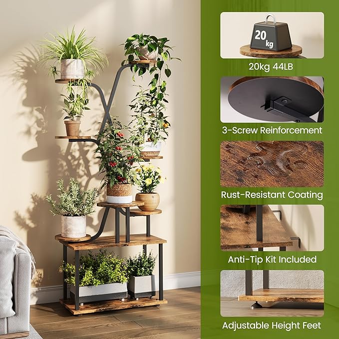 Tall Plant Stand, 9-Tier Tiered Indoor Plant Stand Multiple Shelves, Stable Plant Stand Indoor with Grow Lights for Home, Office, Balcony & Patio