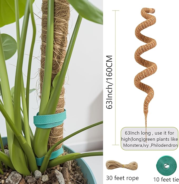 1 Pack Bendable Moss Pole 63 Inch, Monstera Plant Support Stake,Coco Coir Pole Sticks for Indoor Plants,Climbing Potted Plants，Pothos, Philodendron with Plants Ties