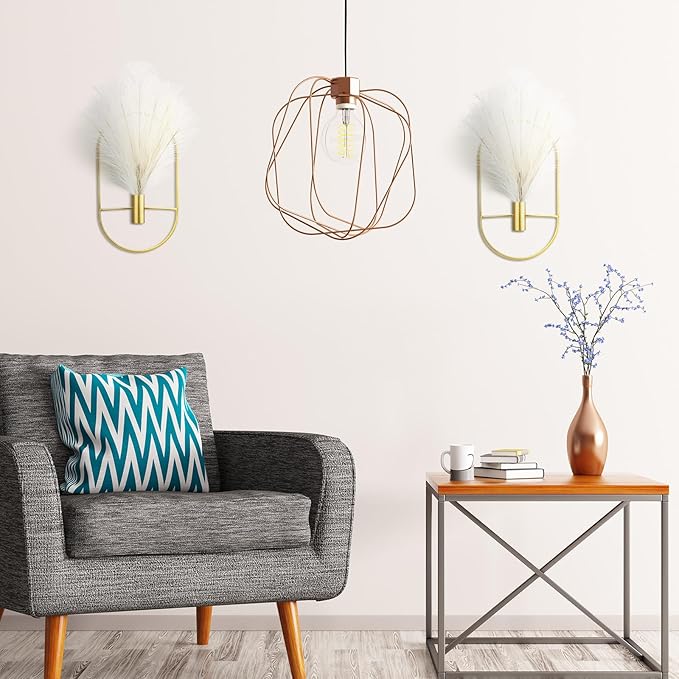 Peryiter 2 Pcs Boho Wall Decor Metal Gold Wall Art Hanging Planters with Artificial Pampas Modern Home Decor Display Art for Living Room Bedroom Bathroom(Oval)