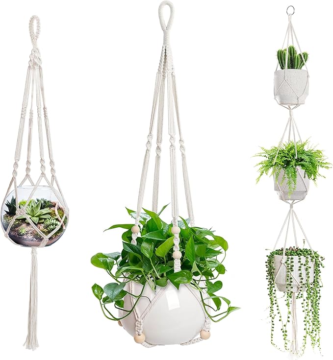 EWPJDK 3 PCS Macrame Plant Hanger Indoor Hanging Planter Basket with Wood Beads Plants Holder Decorative Flower Pot Holder (POTS NOT Included) (Ivory White)