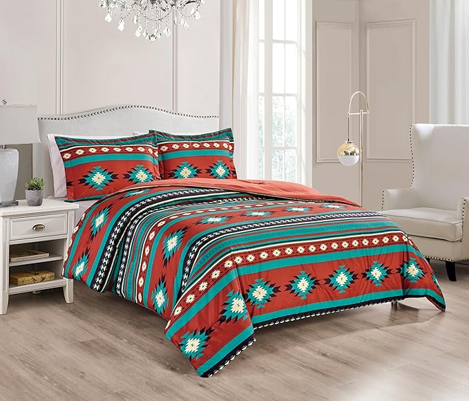 Chezmoi Collection 3-Piece Southwestern Geometric Tribal Multicolor Red Teal Beige Comforter Set, Queen Size