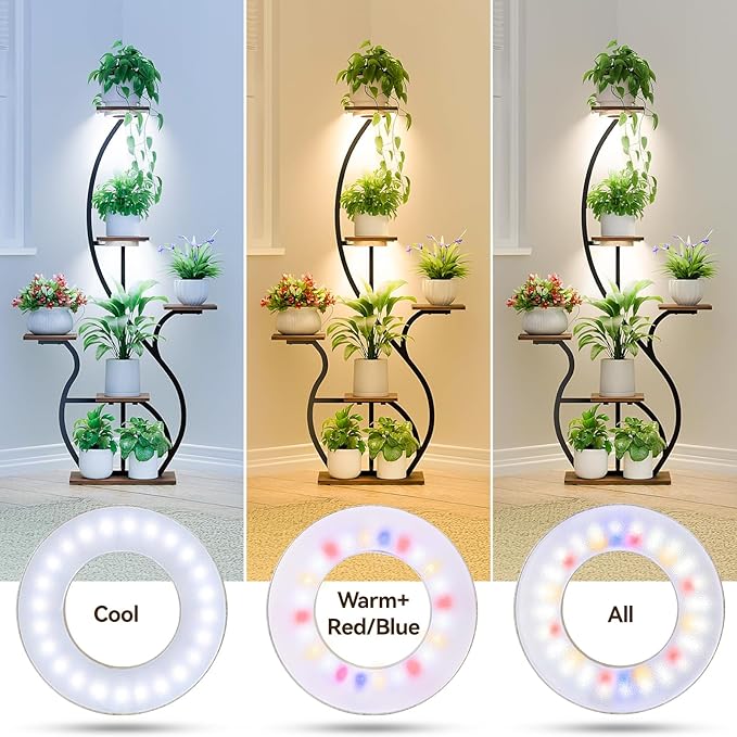 3CCT Grow Lights for Indoor Plants, 144 Full Spectrum LED Plant Light for Indoor Growing with Enhanced Red & Blue, 4/8/12H, 10 Brightness, 2 in 1 Small Ceiling Grow Light Wood Grain, 3-Head