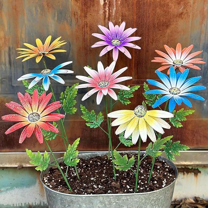 Metal Flowers for Outside, 8 Pack Decorative Garden Stakes with Spring Design, 16.5 Inch Handmade Iron Outdoor Metal Garden Decor, Flickering Daisy Yard Art for Patio Lawn