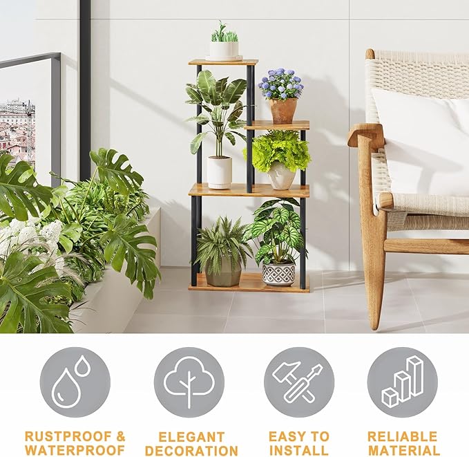 Plant Stand Indoor, 4-Tier Plant Shelf Multiple Metal Wood Flower Pot Holder for Living Room Office Balcony Patio, Rustic Brown