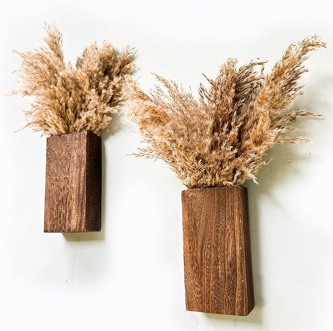 LaLaGreen Wood Wall Planters (8 Inch, 2 Pack) 16 Stalks of Pampas Grass Dried Flower, Wooden Box Vases for Indoor Hanging Planter Rustic Decor Home Living Room Bathroom Modern Farmhouse Decoration