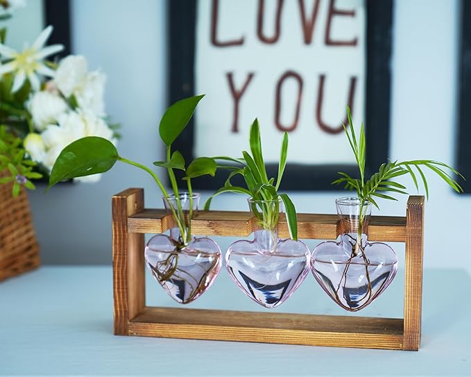 Kingbuy 3-Heart Plant Terrarium Kit with Vintage Wood Stand - Stained Glass Vase Propagation Station, Wall-Mounted & Tabletop Indoor Decor for Home Kitchen Wedding Gift, Light Pink