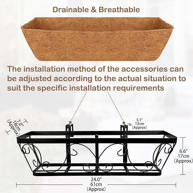 24 Inch Window Box Planter with Adjustable Brackets for Hanging Outdoor Plants, 4 Pack Railing Planter Boxes with Coco Liners for Balcony Deck Porch & Patio Garden Decor, Black