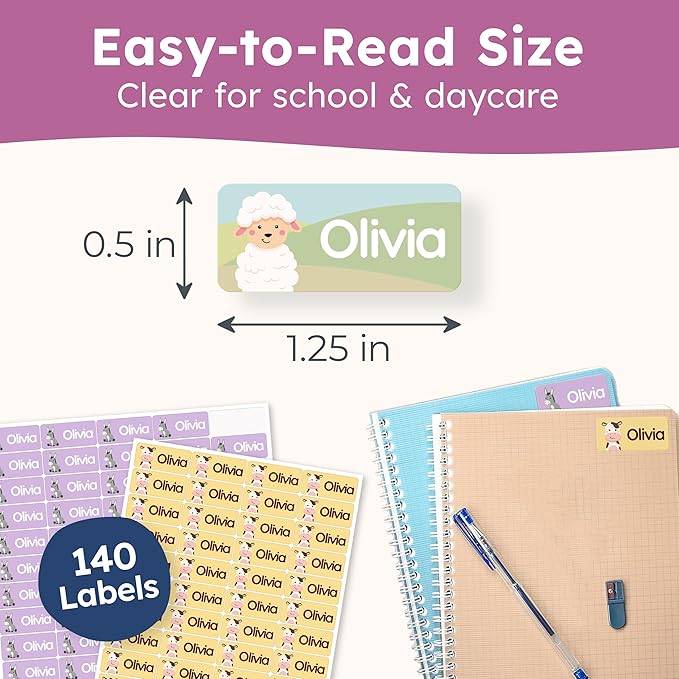 Personalized Name Labels for Kids (140 Labels) - Durable & Waterproof Custom Name Stickers for Clothing Tags, School Supplies, Camp & Daycare - Cozy Farm (1.2”x0.5”)
