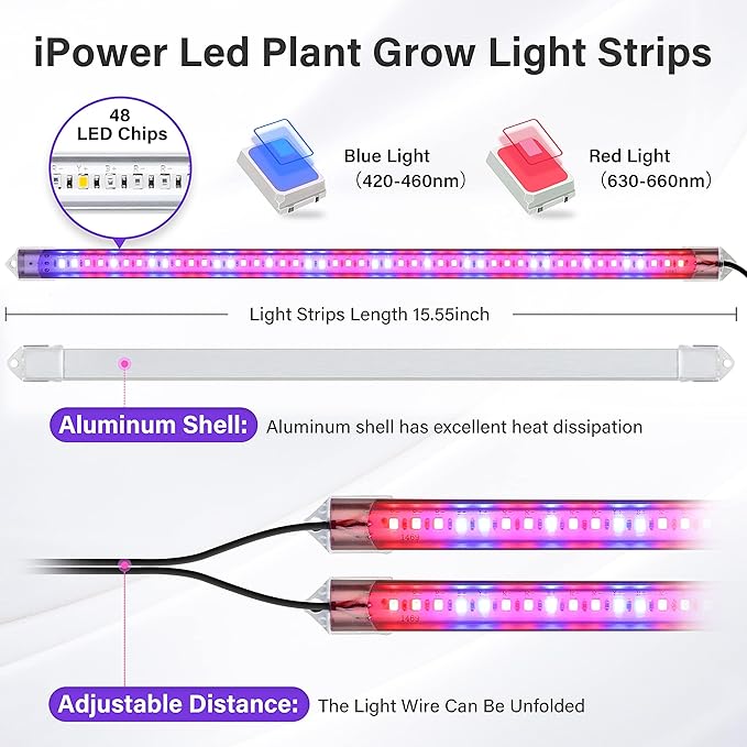 iPower 20W LED Grow Lights with Full Spectrum Plant Growing Light Strips for Indoor Plant with Auto ON/Off 3/9/12H Timer, 10 Dimmable Levels 48 LEDs Per Tude, 2 Tubes, Red&Blue