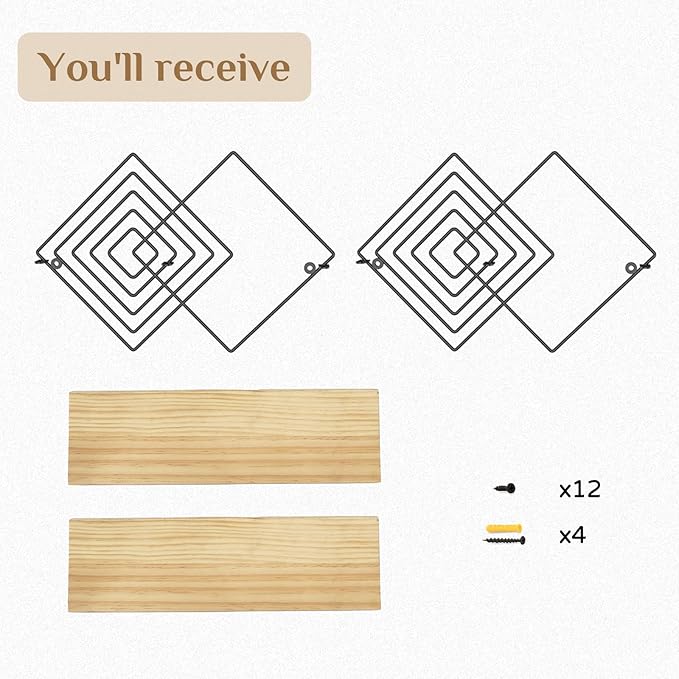 Floating Shelves Modern Geometric - Bedroom Wall Shelf Black Hanging Shelf Wooden Shelves Decorative Wall Mounted Metal Decor Plant Display Set of 2