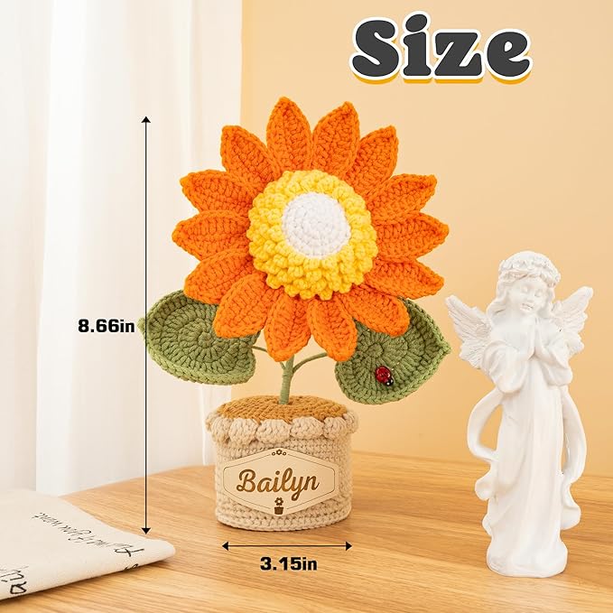 Crochet Flowers with Personalized Leather Name Tag Handmade Knitted Flowers for Home Office Desk Decor Crochet Sunflower Potted Plant for Women,Mother,Teachers, Birthday Crochet Gifts(Orange)