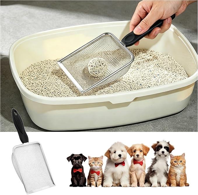 Stainless Steel Mesh Litter Shovel, Metal Non-Slip Black Handle Sifter, Fine Mesh Reptile Cleaner Scooper for Lizard Substrate, Reptile Terrarium Sand & Waste
