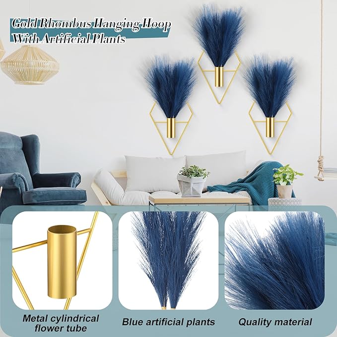 Hanaive 4 Sets Boho Wall Decoration Metal Wall Art Hanging Planters with Artificial Pampas Display Modern Home Vase for Bedroom Home Office (Soft,Dark Blue)