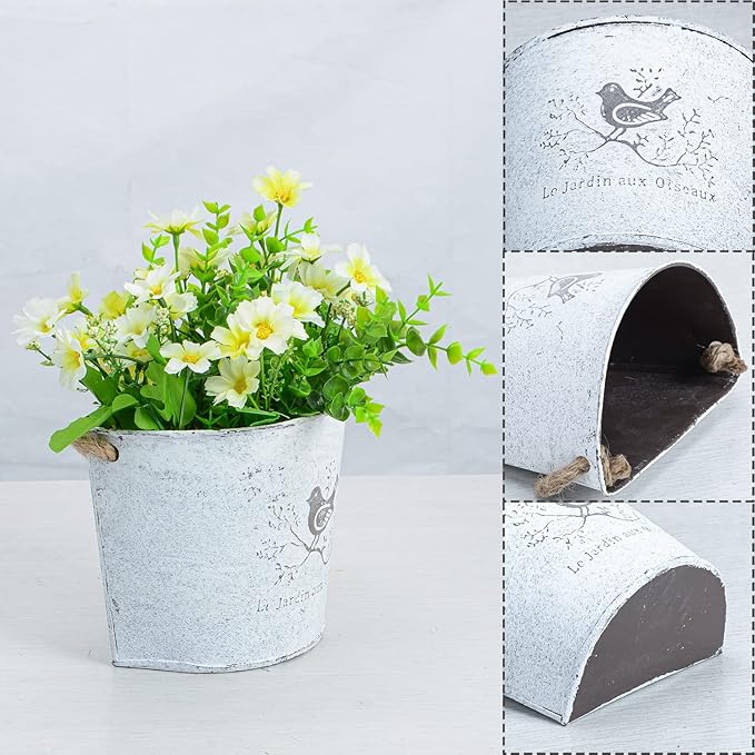 XONOR 4Pcs Galvanized Metal Wall Planter- Wall Hanging Bucket Vintage Rustic Flowers Vase Planter Holder with Rope for Home Wall Decor or Plants Flowers Growing (5.5'')