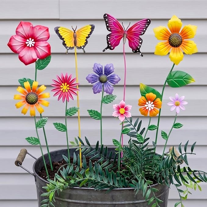 hogardeck Garden Decor for Outside, Set of 10 Metal Flowers Decorative Garden Stakes for Spring Decor, Yard Art Garden Decorations for Outdoor Lawn Porch Pathway (Multi-Color) (Color b)