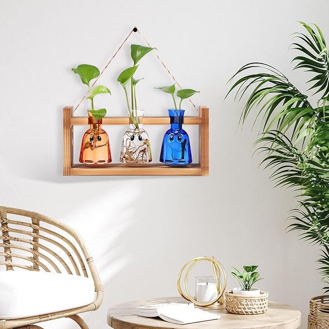 Mimorou Plant Propagation Stations Plant Terrarium with Wooden Stand Hydroponics Glass Vase Planter for Home Office Garden Table Decoration(Ghost)