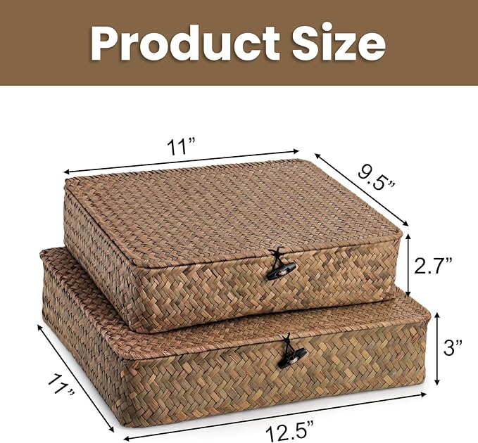 Elsjoy 2 Pack Flat Seagrass Storage Bins with Lid, Wicker Woven Storage Basket Set, Rattan Organizer Bins for Shelf, Closet, Bedroom