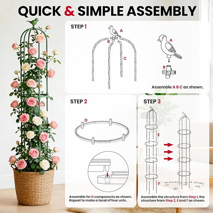Garden Obelisk Trellis for Climbing Plants Outdoor, 6.5 FT Garden Trellis Plastic Coated Metal Plant Support for Indoor Outdoor, Tall Decorative Trellis for Roses, Flowers, Vines, Potted Plants