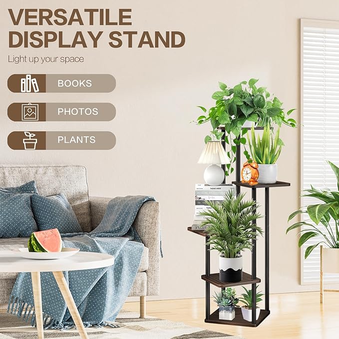 5 Tier Plant Stand Indoor, Thickened Metal Wood Corner Plant Shelf Stands for Multiple Plants, Indoor Tall Plants Stand Tiered Flower Holder for Living Room Patio Garden Balcony(Black+Oak)