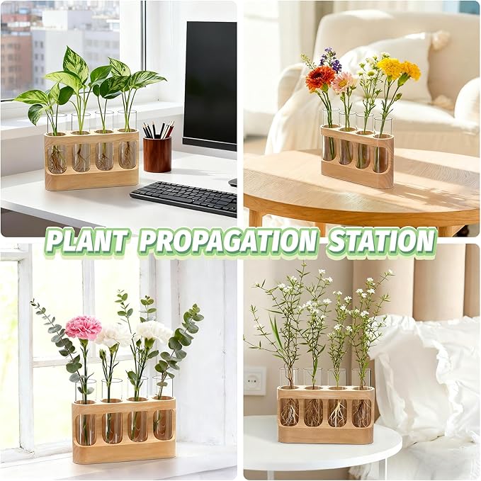 Plant Propagation Station with Wood Stand, Glass Terrarium for Hydroponics Live Plants Christmas Gifts Gardening Gifts for Women Mom 3 Lighting Modes 9 Brightness Levels Home Indoor Decor Unique