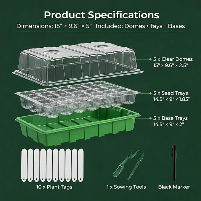 Gardzen 5 Pack BPA Free Seed Starter Tray Kit, 40 Cell Reusable Seedling Trays with Humidity Vented Domes and Base