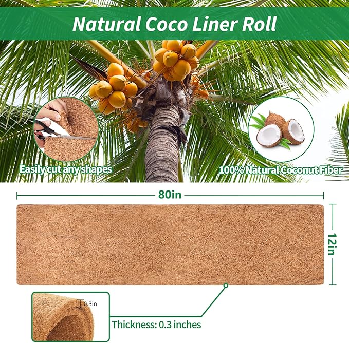 Legigo 12X80 Inch Natural Coco Liner Roll, Coconut Liners for Planter Window Box Hanging Basket, Coconut Coir Roll Coco Fiber Mat for Garden Decoration DIY Moss Poles Pet Pad Reptiles Carpet