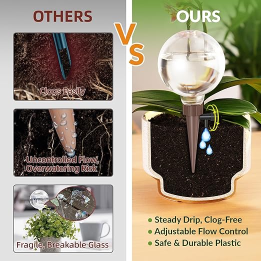 NiHome Plant Self-Watering Globes for Busy Individuals & Travelers, Long-Lasting Moisture Consistent Dripper Spike for Indoor & Outdoor Plants, Adjustable Flow Valve Easy to Refill & Maintain (4-Pack)
