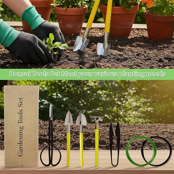 Bonsai Tools Set 7Pcs, MOSFiATA Bonsai Tree Tools Kit Succulent Trimming Tools Include Scissors, Cutters, Rake, Round and Pointed Shovel &Training Wire for Bonsai Beginner Gardening Gifts