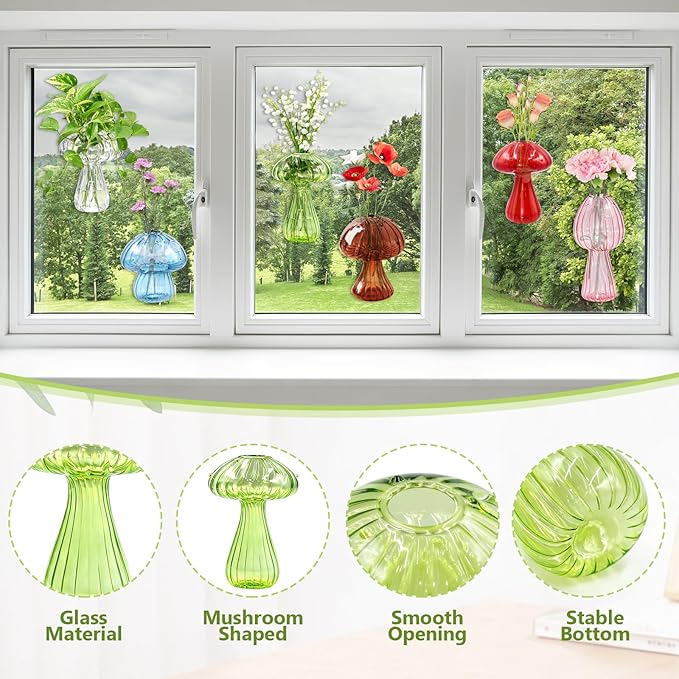6Pcs Window Propagation Stations Colored Mushroom Propagation Vases with 8Pcs Suction Cups Glass Window Wall Hanging Planter Holder Small Bud Vases for Flowers Plant Home Decor