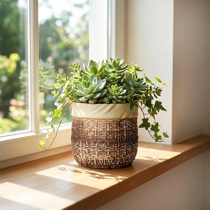 6 Inch Plant Pot - Ceramic Pots for Plants with Drainage Hole and Plug, Unique Plant Pots for Indoor Outdoor Plants, Round Planter, Room Home Decor, Gifts for Plant Lovers, Brown