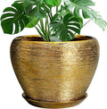 Ceramicfor Ceramic Planter 10 Inch - Indoor Plant Pot with Drainage Hole and Saucer Large Decorative Planter Mid-Century Modern Flower Pot Outdoor for Home Decor Gold
