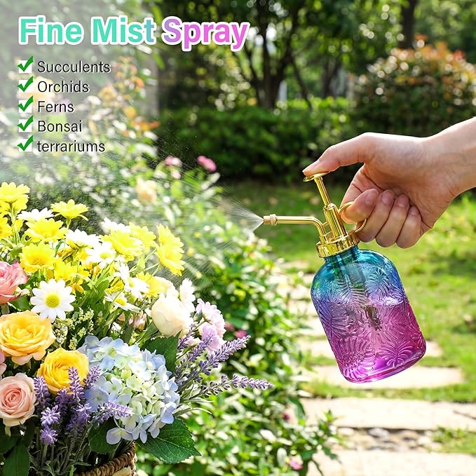 Sliner 6 Pack Glass Plant Mister Spray Bottles 7.7" Tall Glass Water Spray Bottle 12.2 oz Hand Pump Sprayer Fine Mist Watering Can with One Hand Top Pump for Indoor & Outdoor Houseplants(Golden)