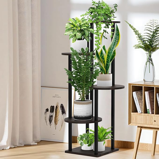5 Tier Wood Tall Plant Stand Metal Rack Indoor, Multiple Flower Pot Holder Shelves Corner Rack, Round Planter Shelf Display Rack Storage Organizer for Patio Living Room Balcony(Black+Oak)