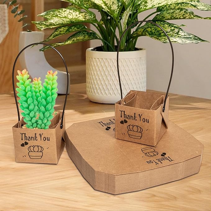 50PCS Thank You Succulent Wrap, Fits 2 Inch Pots Succulent Wrap Bag with Plastic Handle Kraft Paper Sleeve Succulent Tags for Shower Party Favors Ideas (50PCS-Thank You)