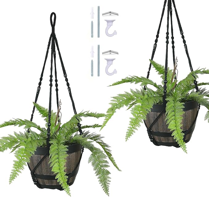 Bouqlife 43 Inches Macrame Plant Hanger Large for 14 inch Pot Extra Long No Tassel Cotton Rope Hanging Plant Holder with Ceiling Hook Bohemian Home Décor Black 2Pack