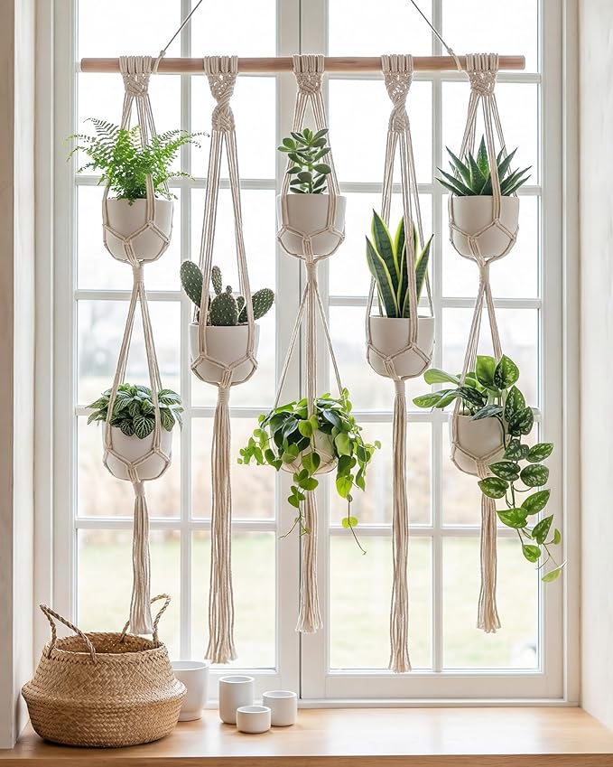 Bamworld Macrame Plant Hanger with Wooden Dowel Multi-Tier Hanging Planters for Indoor Plants Wall Mounted Hanging Plant Holder with 7 Pockets Boho Hanging Baskets for Wall Decor(Pot Not Included)