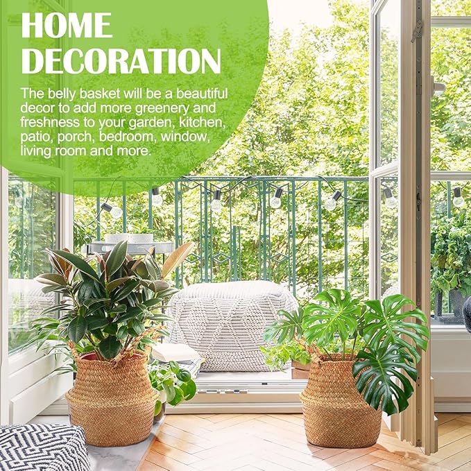 Qunclay 4 Pcs Woven Seagrass Baskets Belly Basket Folding Boho Natural Plant Pot with Handles Round Decorative Wicker Large Indoor Planter for Home Outdoor Tree Planters Decor (S,8.7''dx7.9''h)