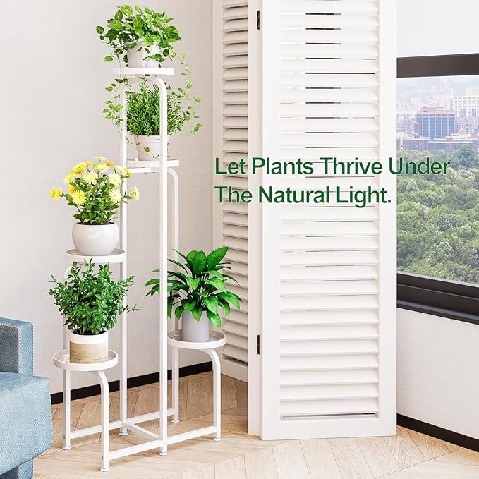 INGIORDAR Plant Stand Indoor Outdoor 5 Tier Metal Plant Shelf for Multiple Plants Corner Flower Holders for Living Room Balcony Bedroom Patio Garden, Black (White, 5-Tier)