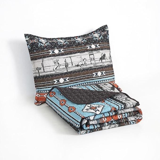 Chezmoi Collection Boone 3-Piece Southwestern Cowboys Rodeo Quilt Set King - Multicolor Blue Brown Beige Clay Printed Microfiber Lightweight Bedspread Set for All Season