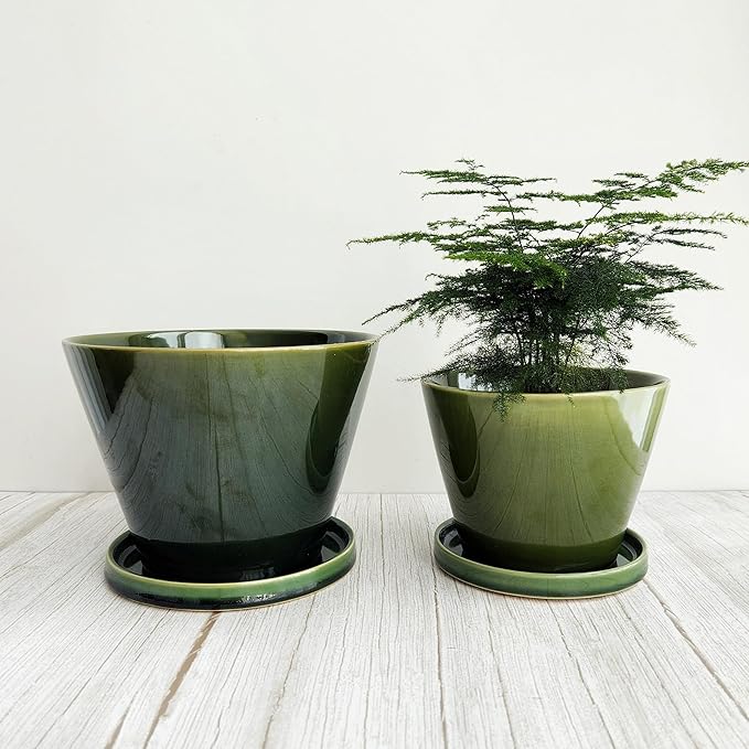 Glazed Gradient Color Ceramic Planter with Drainage Hole & Saucer for Indoor Tropical Plants, Green Reactive Glaze Plant Pot (Emerald Green, 8")