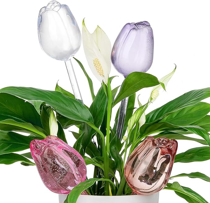 Adoric Plant Watering Globes Self Watering Planter,Automatic Plant Watering Devices, Insert Spikes Drip Devices, Plastic Watering Bulbs for Indoor & Outdoor Plants, 4 Tulips