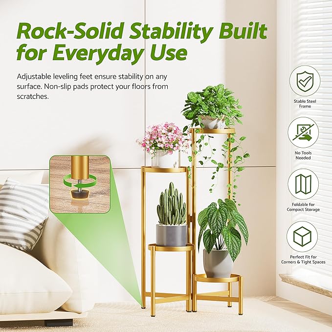 Gold Plant Stand, 4 Tiered Plant Stand Indoor for Multiple Large Planter, Tall Heavy Duty Adjustable Folding Rack with Rustproof 7.9 Inch Wide Tray, Plant Shelf for Corner - GoldDisk