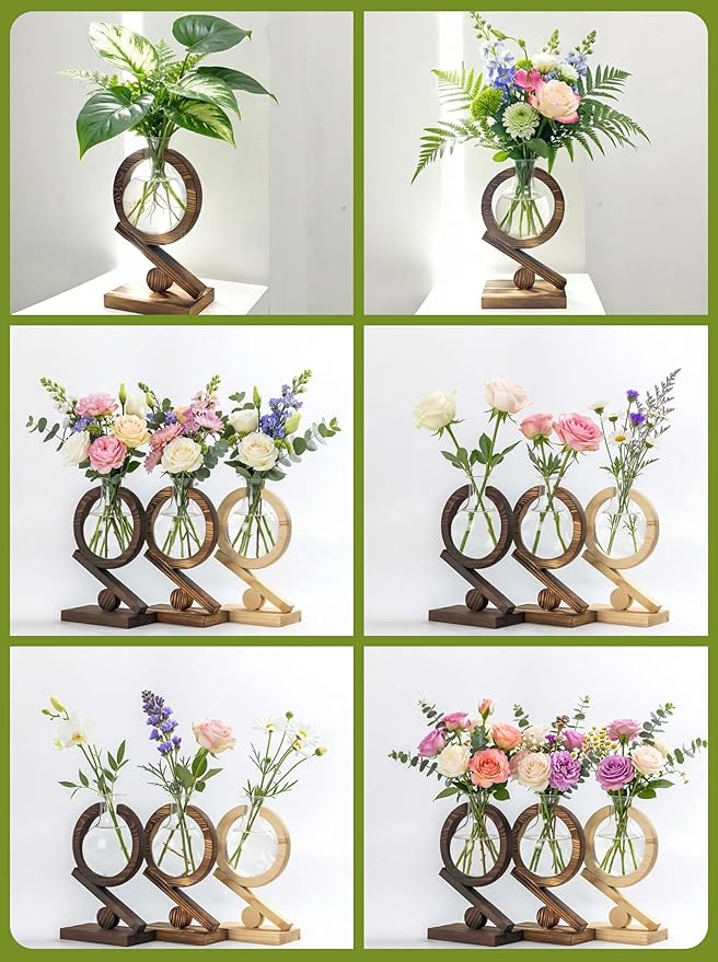 Plant Propagation Station,Planter Terrariums with Wooden Stand and Air Planter Bulb Glass Vase, Birthday Gifts for Home Office Garden Boho Desk Decor (Dark Burnt Wood)